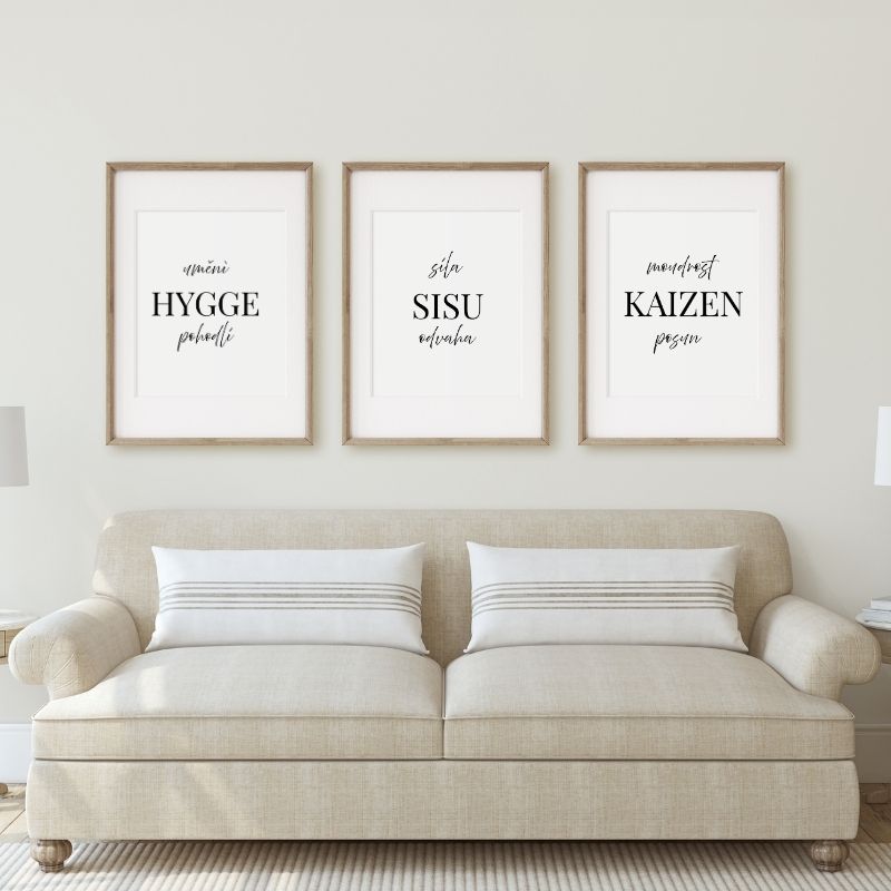 Minimalistická kolekce tří digitálních plakátů – Hygge, Kaizen a Sisu – ve stylu La Harmonia. Jemné, čisté a připravené k tisku.